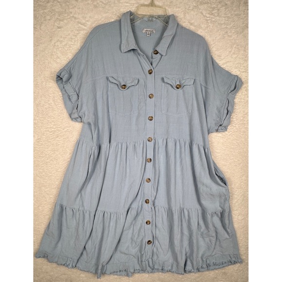 white birch Dresses & Skirts - White Birch Tiered Dress Womens XL Blue Boho Lagenlook Cowgirl Cotton Linen